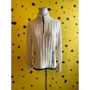 90s Y2K Ribbed Zip Sweater Cream Knit Drawstring Hem Fall Aesthetic